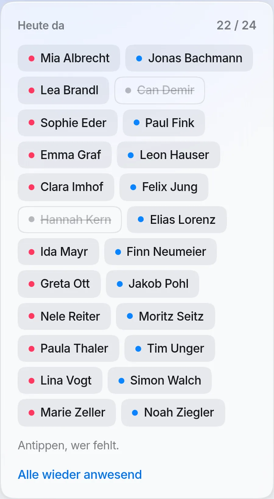 Gruppen: Fehlende Schüler für heute antippen