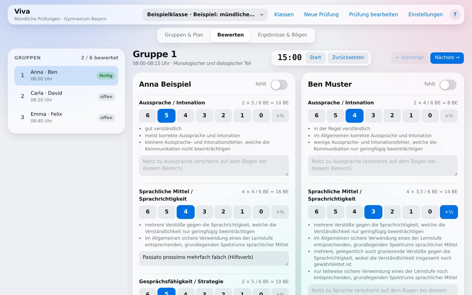 Viva: Bewerten zweier Schüler nach den Kategorien des Bewertungsrasters