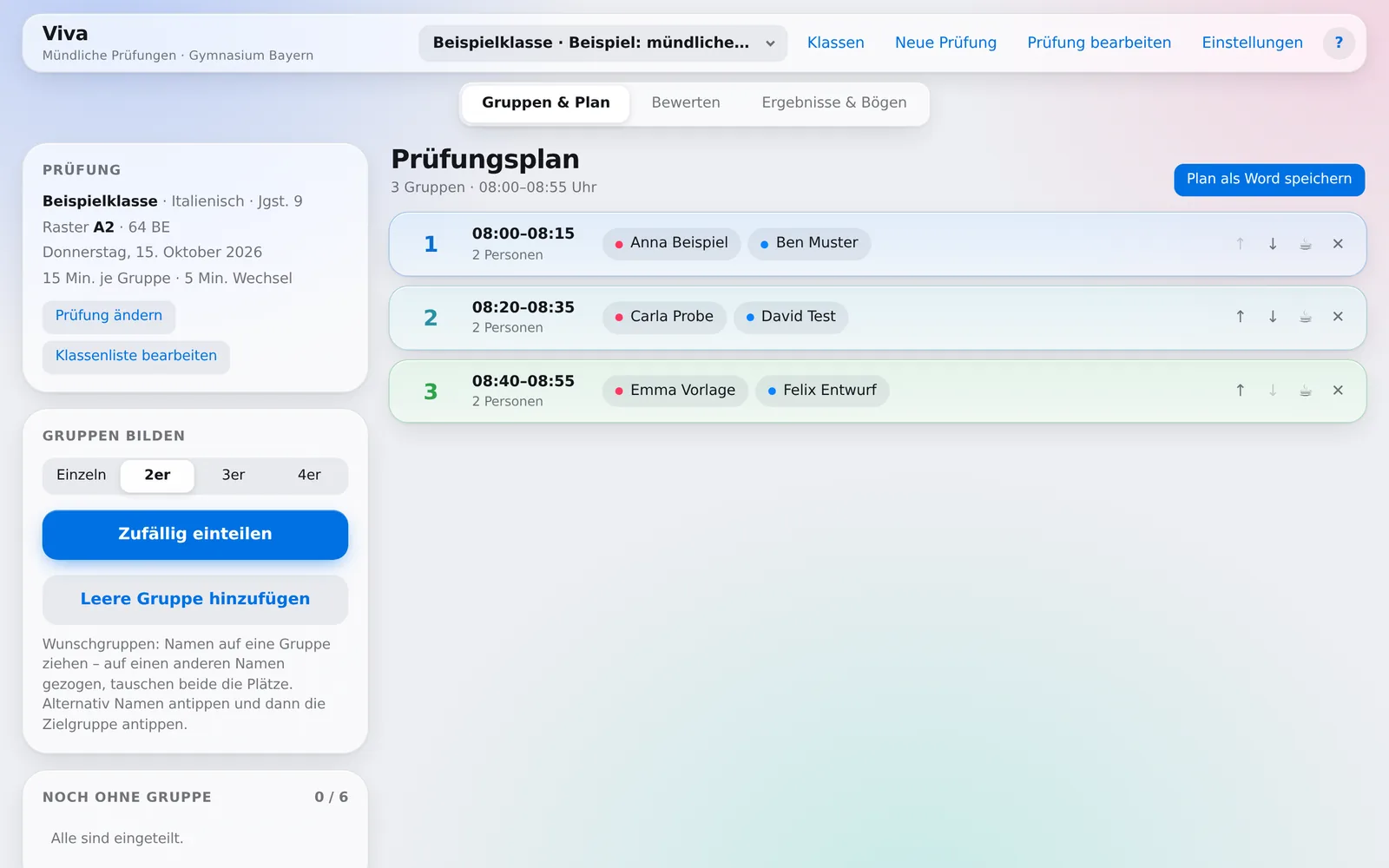 Viva: Prüfungsplan mit Gruppen und Zeiten